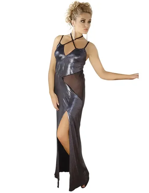 langes Wetlook-Kleid M/1069 silber