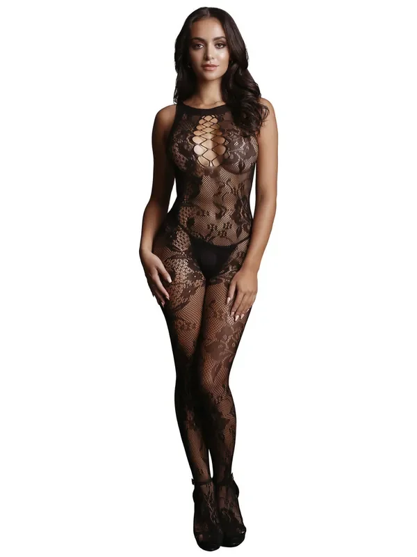 Le Désir Criss Cross Lace Ouvert-Netzcatsuit, schwarz