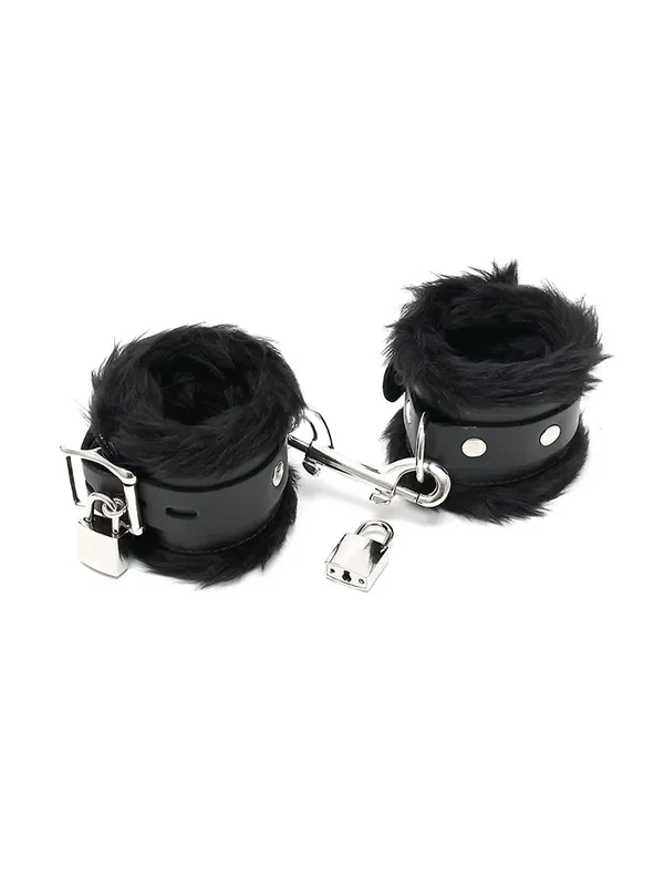 Leder-Fußfesseln mit Plüsch und abschließbar, schwarz