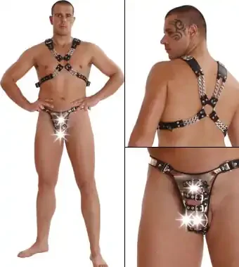 Leder Penis Harness im Metallic Look
