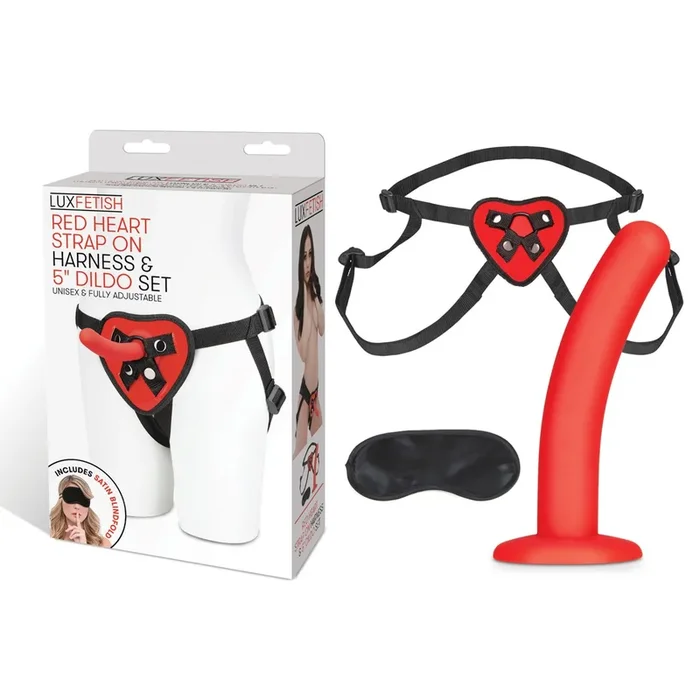 LUX FETISH Red Heart Strap on Harness & 5″ Dildo Set