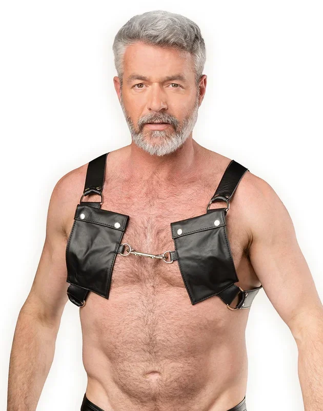 Luxuriöses Leder-Brustharness mit Taschen – Schwarz