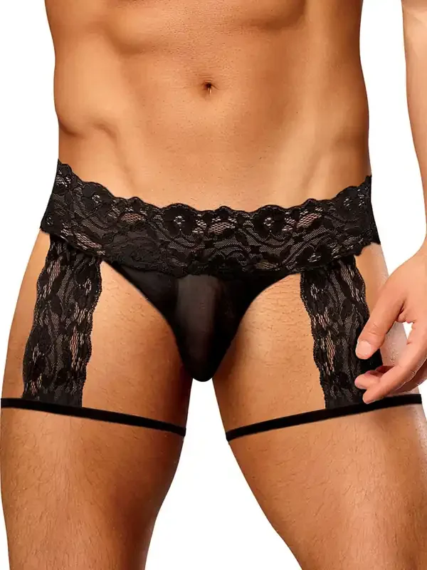 Male Power Scandal Lace G-String Garter Short, schwarz