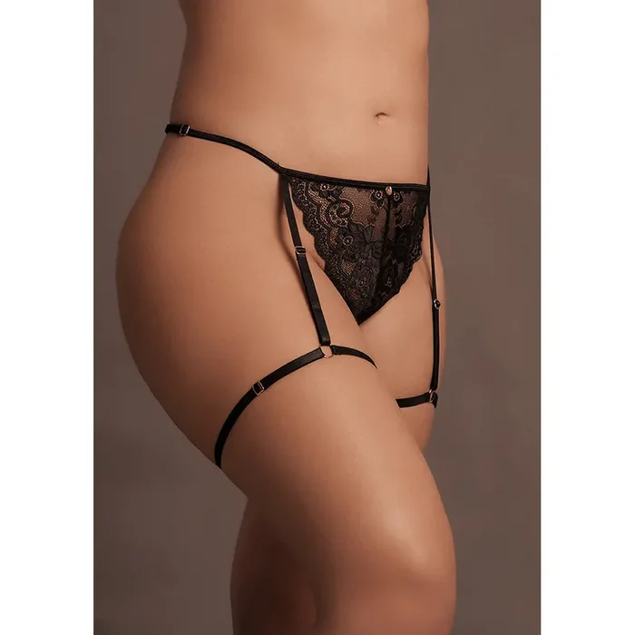 Marie – Lace Thong with Garter , Adjustable Sliders and Golden Details – Plus Size