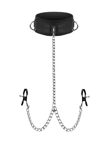 Master Series Submission Collar and Nipple Clamp Union Halsfessel mit Nippelklemmen, schwarz/silber