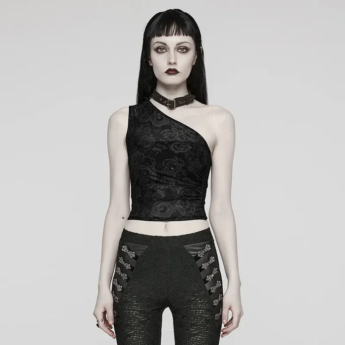Mesh Asymmetrical One-Shoulder Top with Choker Detail