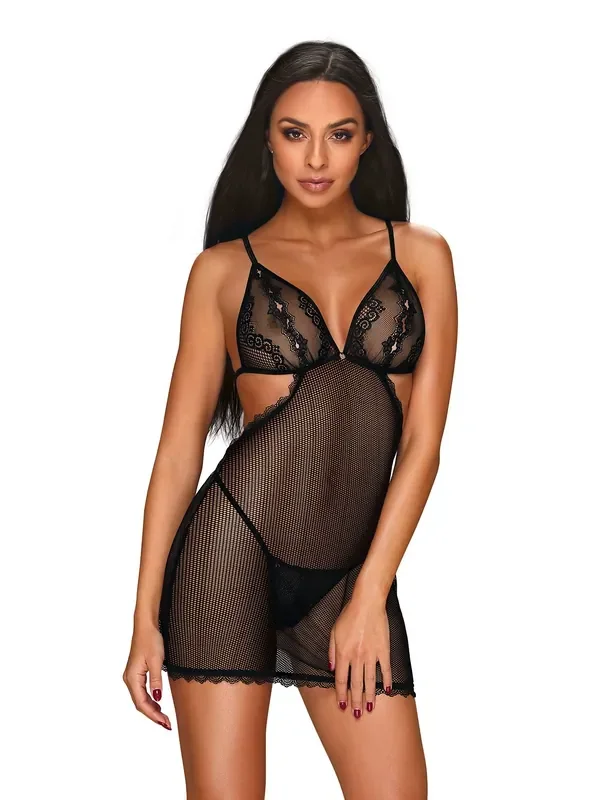 Millagro durchsichtiges Netzkleid mit Tanga – Schwarz