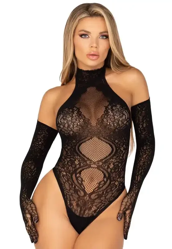 Netz-Body mit Handschuhen – Schwarz