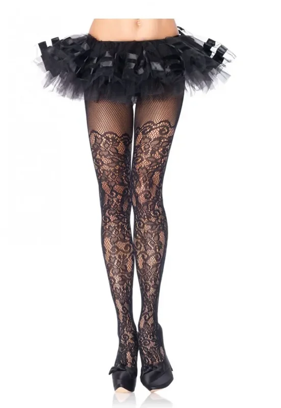 Netzstrumpfhose mit Blumenmuster in Schwarz