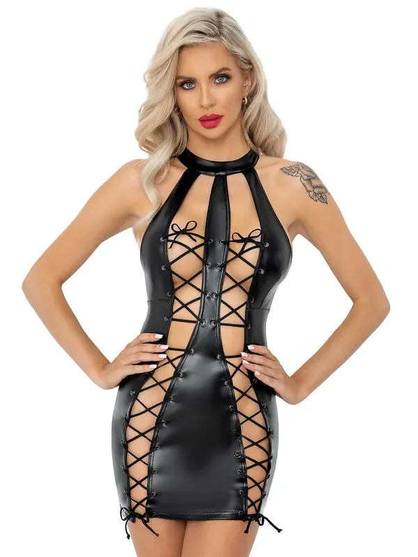Noir Handmade Wetlook-Minikleid, schwarz