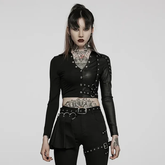Nu-Goth Longsleeve Crop Top mit Lederoptik-Gewebe