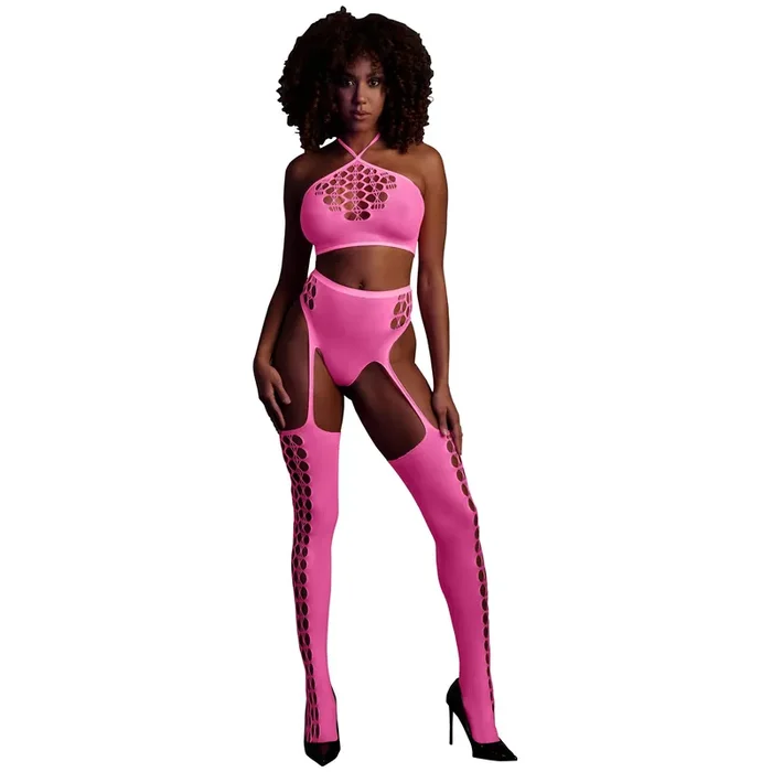 Ouch! Glow in The Dark Neonpinkes Crop Top and Stockings
