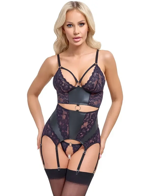 Ouvert-Strapshemd-Set, schwarz/lila