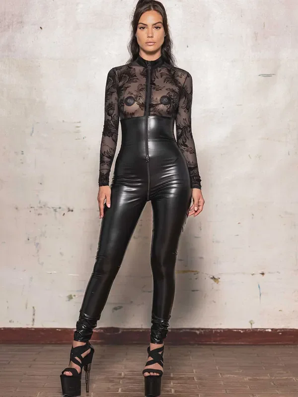Patrice Catanzaro Alize Lack-Netz-Catsuit, schwarz