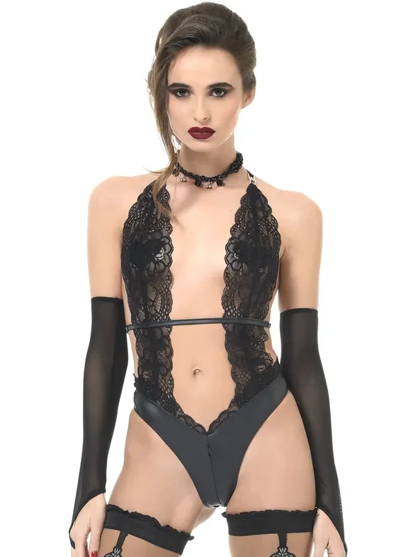 Patrice Catanzaro Camille Wetlook-Spitzen-Stringbody, schwarz