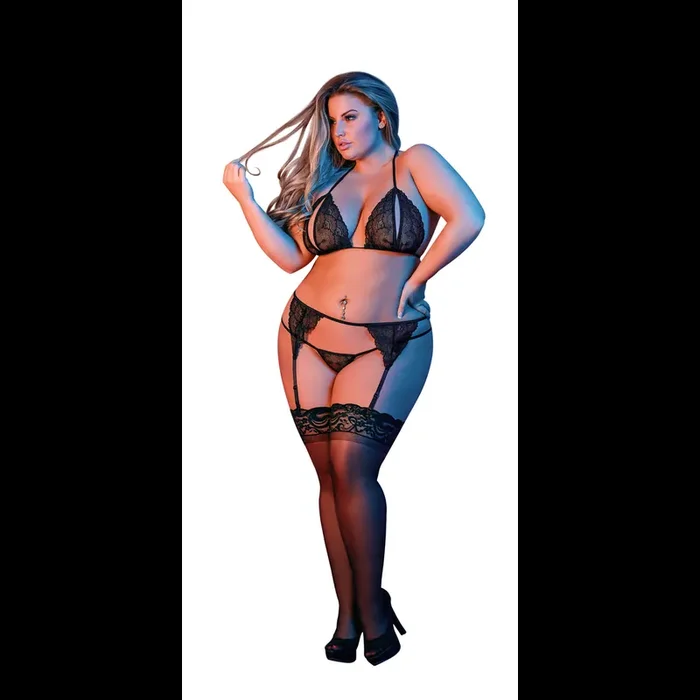 Peek-a-Boo Bra, Garter and G-String Set – 2X – Black