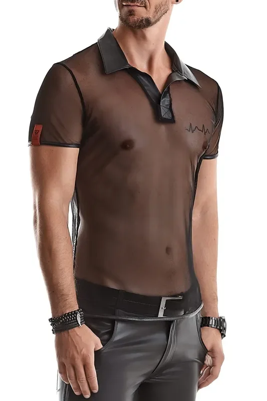 Polo Shirt aus elastischem Mesh Wetlook Kragen Steppnähte