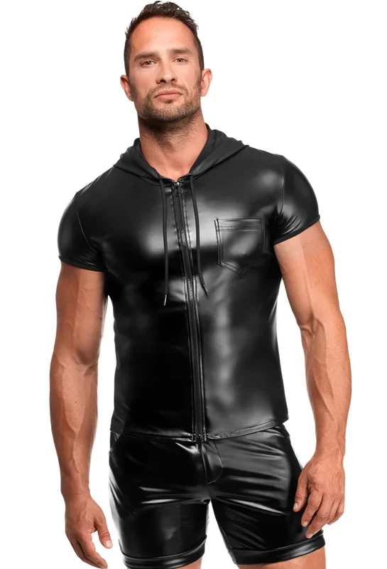 Powerwetlook Kapuzen-Shirt mit Reißverschluss – Schwarz (Grösse: L)