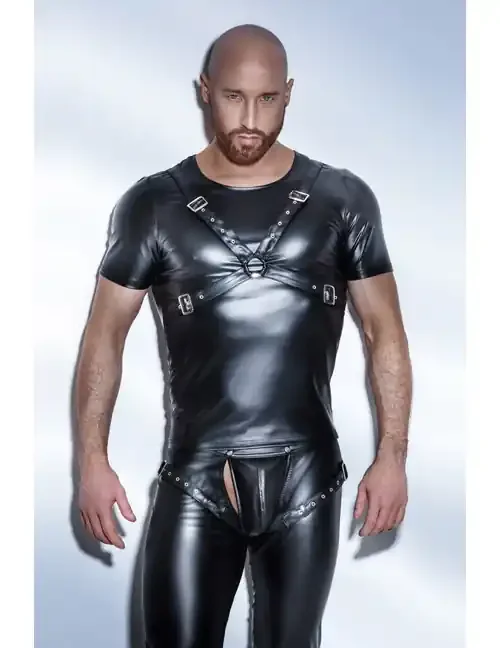 Powerwetlook-Shirt mit verstellbarem Harness aus Eco-Leather