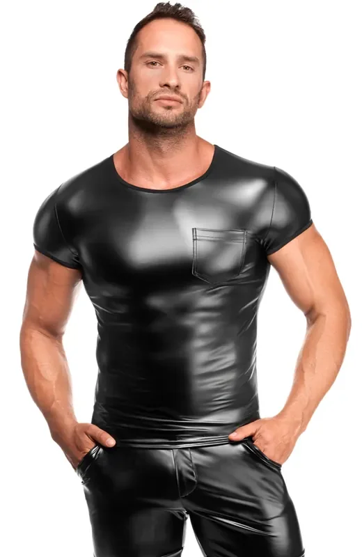 Powerwetlook T-Shirt mit Brusttasche – Schwarz