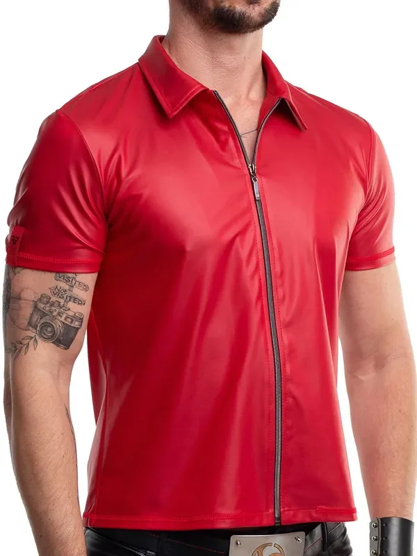 Regnes Fetish Planet RMMauricio001 Wetlook-Polo-Shirt mit Reißverschluss, rot