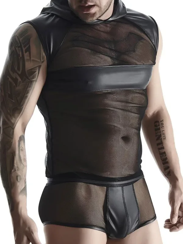Regnes Fetish Planet TSH005 Netz-Kapuzenshirt, schwarz