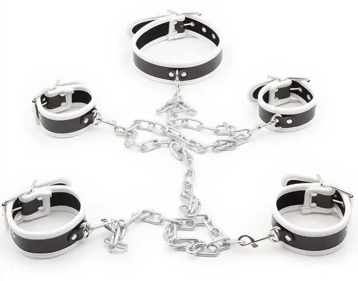Restriktionsset Halsband und Handschellen Schwarz-Weiß