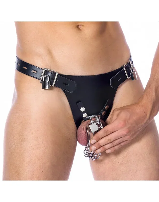 Rimba Bondage Play – Keuschheitsunterwäsche aus Leder mit Vorhängeschlössern und Peniskäfig – Schwarz & Silber