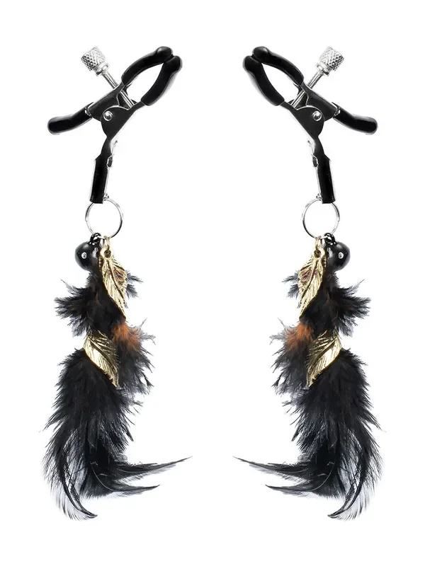 Rimba Bondage Play Nippelklemmen mit Federn, schwarz/gold