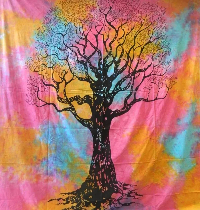 Ritualtuch Tagesdecke Wandbehang – „Naked Tree“ – schwarz/bunt – Doppelt