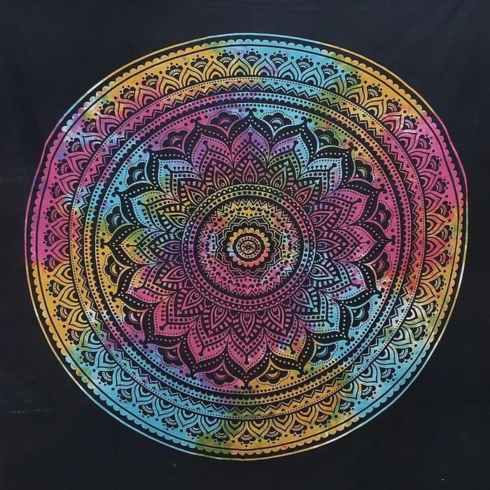 Ritualtuch Tagesdecke Wandbehang – Mandala schwarz-bunt – Doppelt