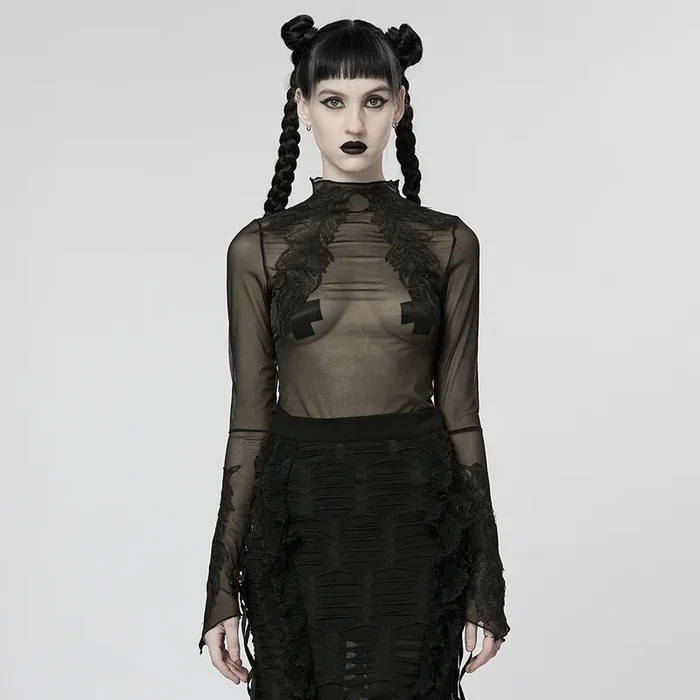Romantic Gothic Mesh Top mit Pfauenfeder-Stickerei