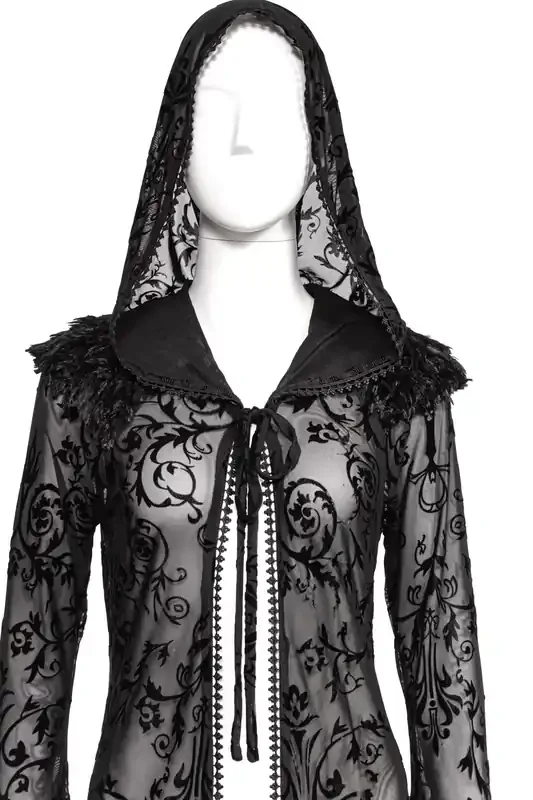 Romantisches Gothic Cape aus schwarzem Mesh mit Flockdruck