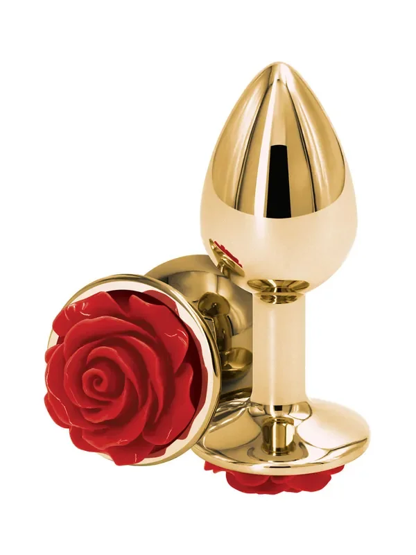 Rose Buttplug Plug mit Rosenschmuckstein, gold/rot