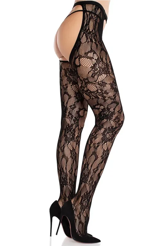 Rosen Strumpfhose mit offenem Schritt aus Netz und Spitze