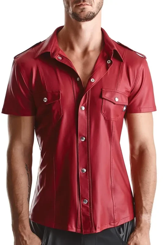 Rotes Wetlook Hemd im Slim-Fit