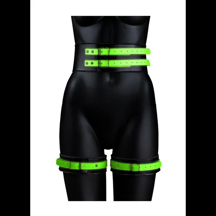 Schenkelmanschetten mit Gürtel und Handschellen – Glow in the Dark – S/M