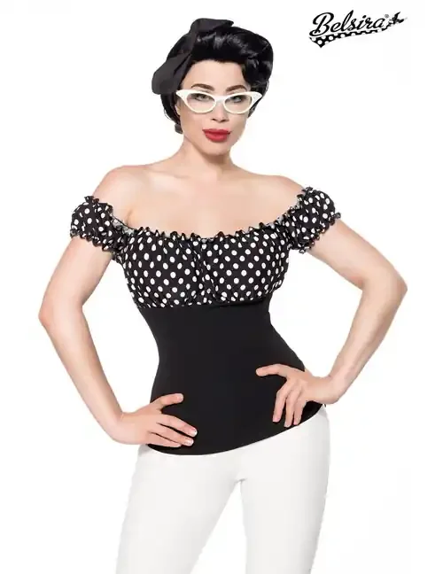 schulterfreies Jersey-Top schwarz/weiß/dots