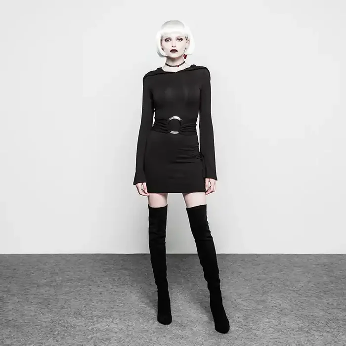 Schwarze Nu-Goth Mini-Kleid mit großer, überhängender Kapuze