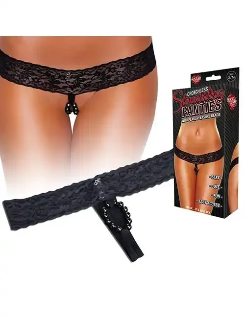 Schwarze Spitzen-Panty – ouvert, mit stimulierender Perlenkette