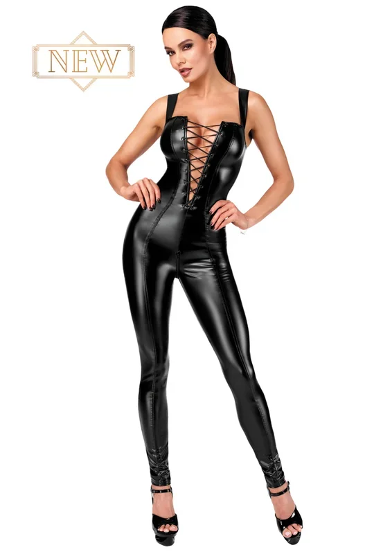 Schwarzer Wetlook-Bodysuit mit Schnürung