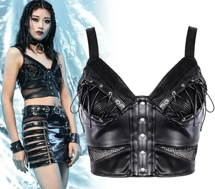 Schwarzes ärmelloses Top aus Kunstleder mit Schnürung (Grösse XL)