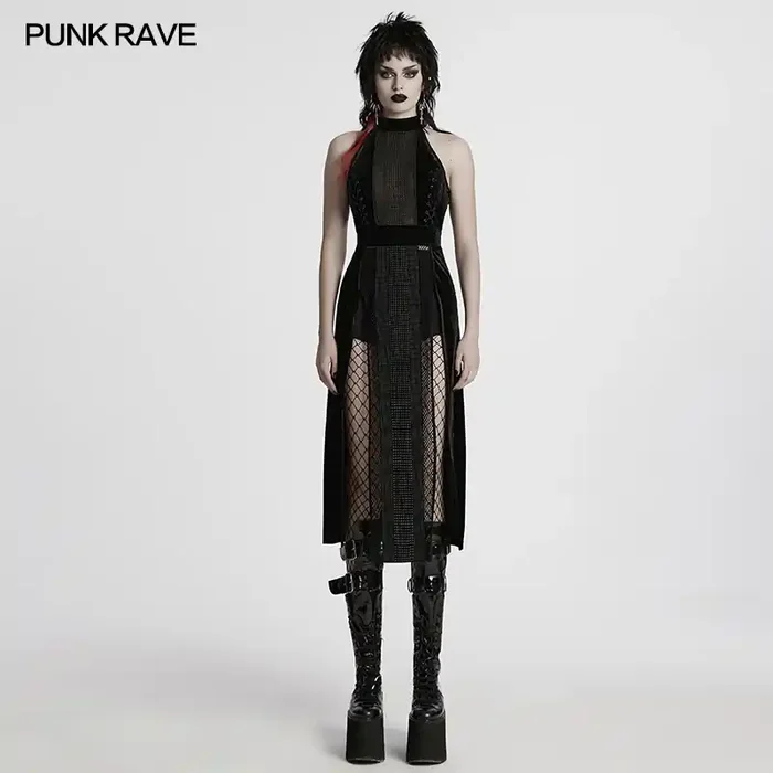 Schwarzes Gothic-Tunika-Kleid mit Halterneck