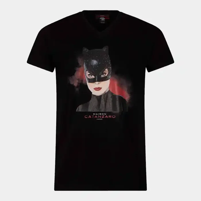 Schwarzes T-Shirt mit Katzenmmaske