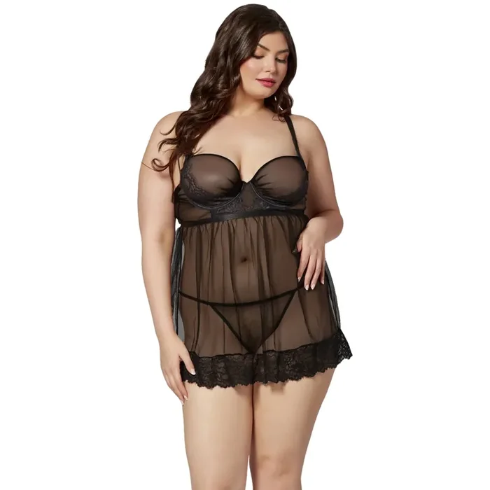 Seven ‘til Midnight Schwarzes Zweiteiliges Tüll-Babydoll und Tanga Plus Size