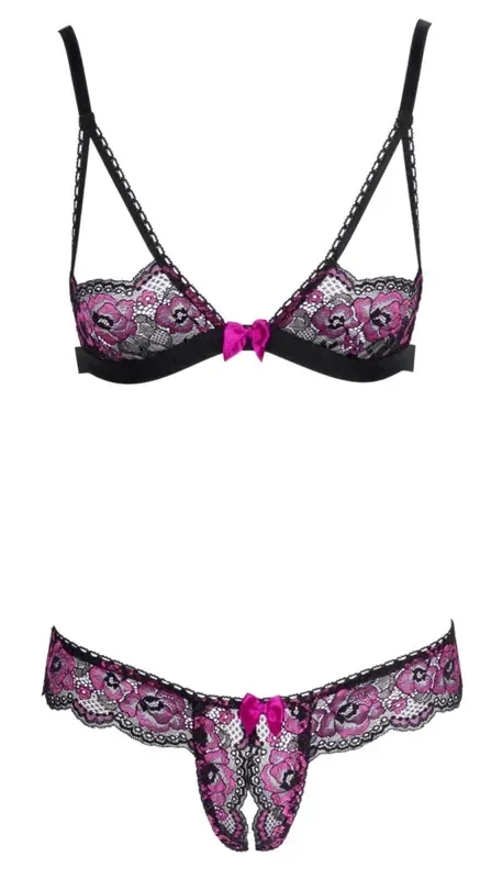 Sexy BH Set mit offenem Schritt – Schwarz/Pink