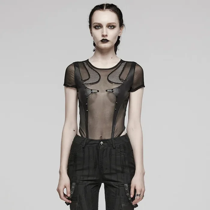 Sexy Mesh Bodysuit mit Kunstleder-Paneelen
