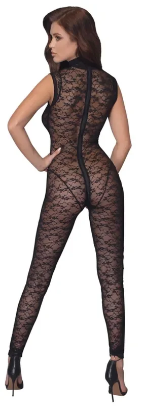 Sexy Spitzen-Catsuit mit offenem Schritt – Schwarz