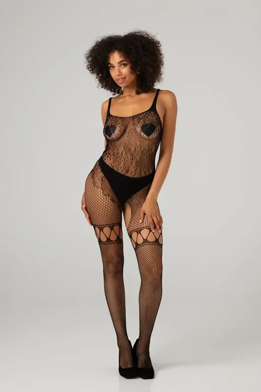 Spitzen – Netz Catsuit mit offenem Schritt – Schwarz