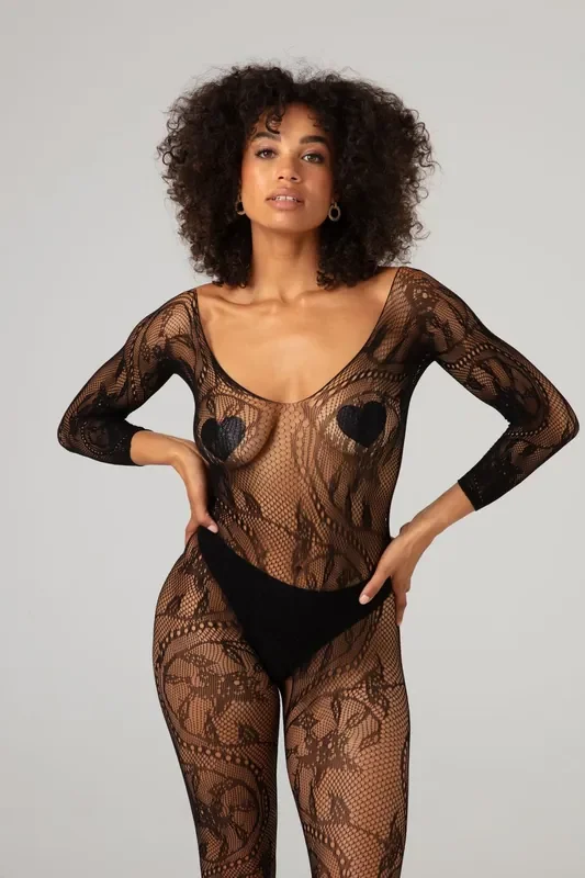 Spitzen Catsuit ouvert – Schwarz
